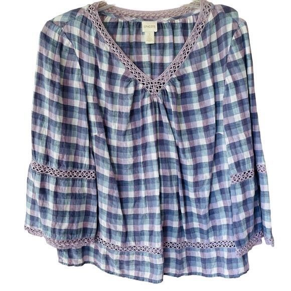 Chico's Linen Blue and Purple Checkered Blouse - Picture 1 of 11